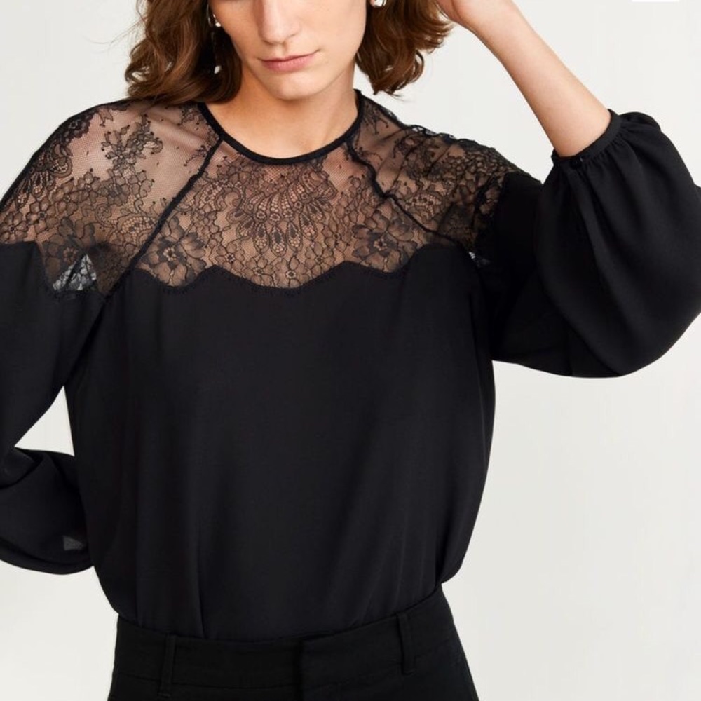 Rebecca Taylor Black Crewneck Lace Yoke 3/4 Sleeve